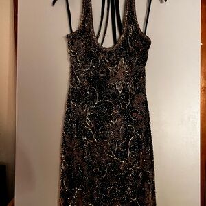 BLACK TIE Oleg Cassini Elegant Black and Gold Beaded strappy back Dress